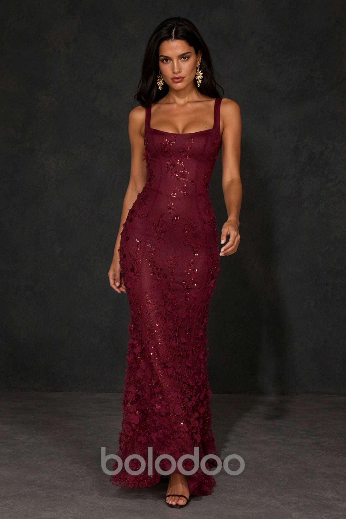 BOLODOO Burgundy Sequin 3D Floral Mermaid Maxi Gown – Lace-Up Back Formal Dress - Burgundy | BOLODOO watermark