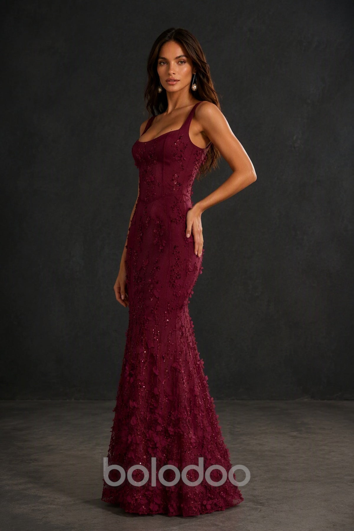 BOLODOO Burgundy Sequin 3D Floral Mermaid Maxi Gown – Lace-Up Back Formal Dress - Burgundy | BOLODOO watermark