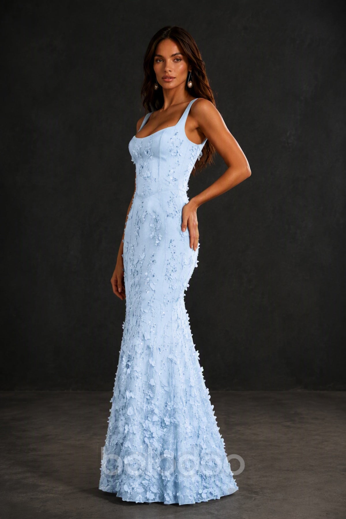 BOLODOO Light Blue Sequin 3D Floral Mermaid Maxi Gown – Lace-Up Back Formal Dress - Light Blue | BOLODOO watermark
