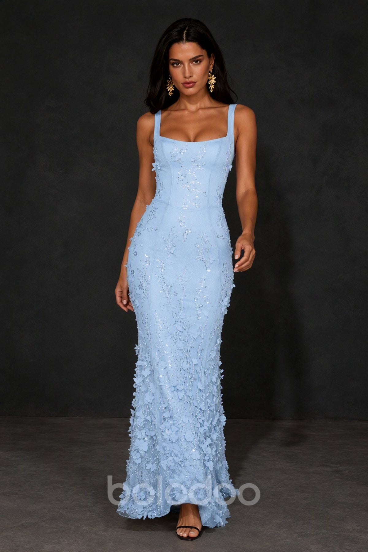 BOLODOO Light Blue Sequin 3D Floral Mermaid Maxi Gown – Lace-Up Back Formal Dress - Light Blue | BOLODOO watermark