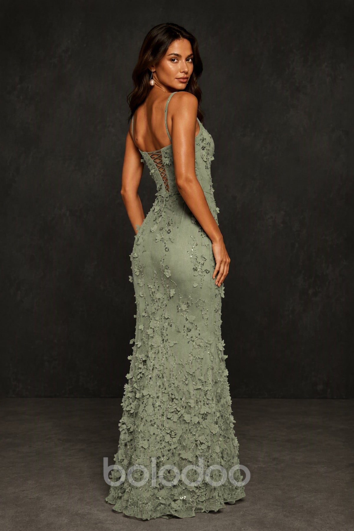 BOLODOO Sage Green Sequin 3D Floral Mermaid Maxi Gown – Lace-Up Back Formal Dress - Sage Green | BOLODOO watermark