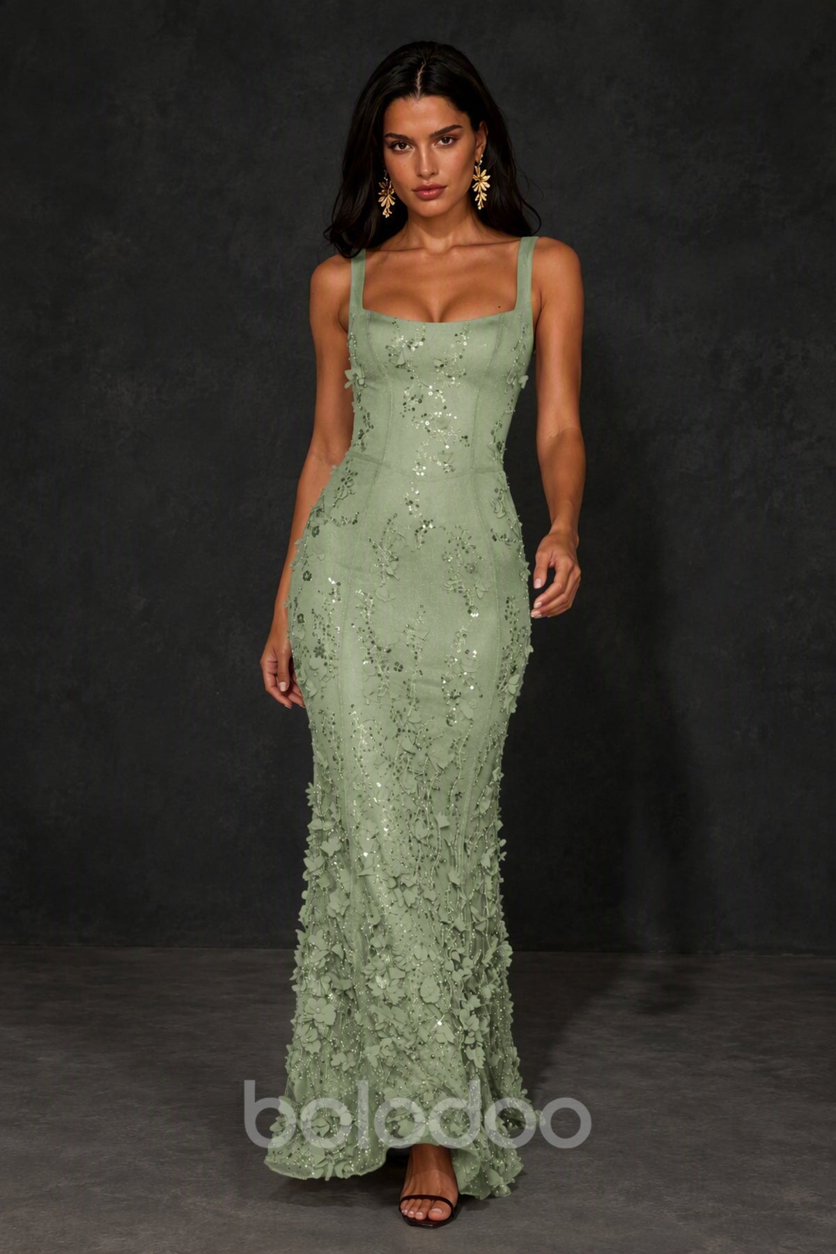 BOLODOO Sage Green Sequin 3D Floral Mermaid Maxi Gown – Lace-Up Back Formal Dress - Sage Green | BOLODOO watermark