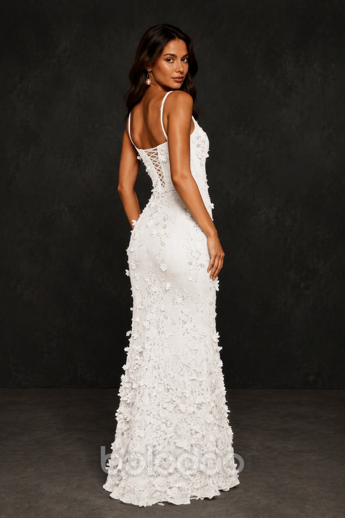 BOLODOO White Sequin 3D Floral Mermaid Maxi Gown – Lace-Up Back Formal Dress - White | BOLODOO watermark
