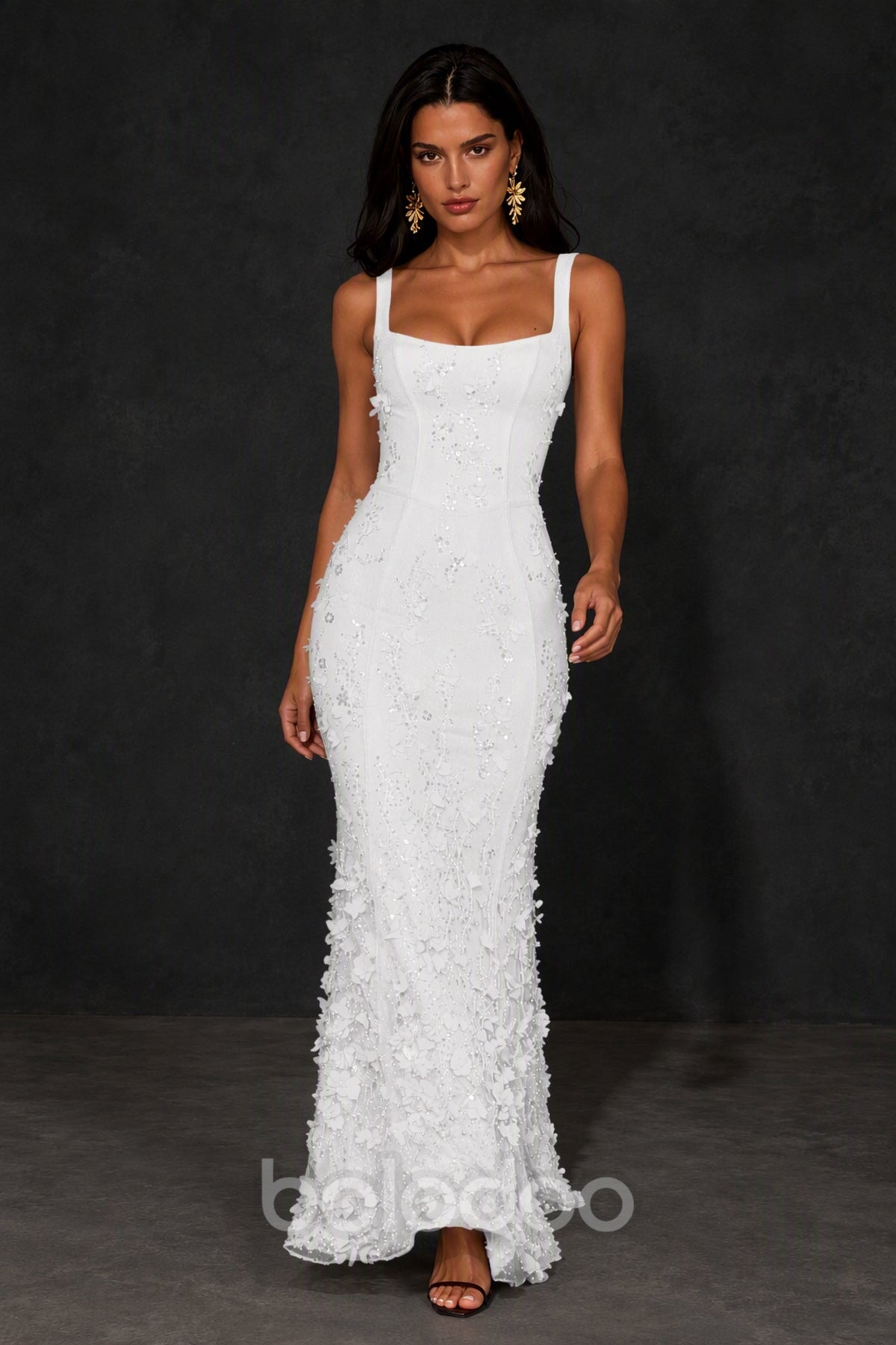 BOLODOO White Sequin 3D Floral Mermaid Maxi Gown – Lace-Up Back Formal Dress - White | BOLODOO watermark
