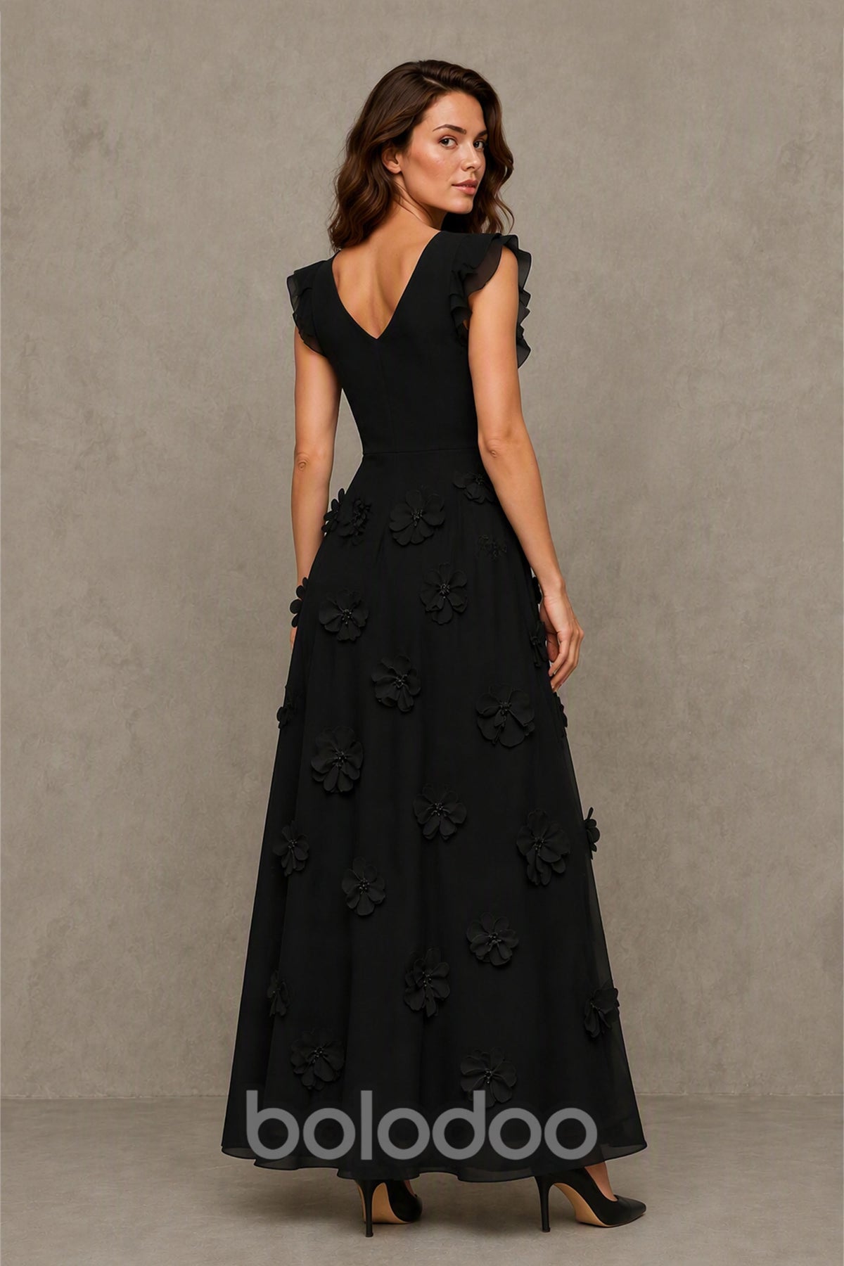 BOLODOO Black Scoop Neck Flutter Sleeve 3D Floral Appliqué A-Line Chiffon Maxi Dress - Black | BOLODOO watermark