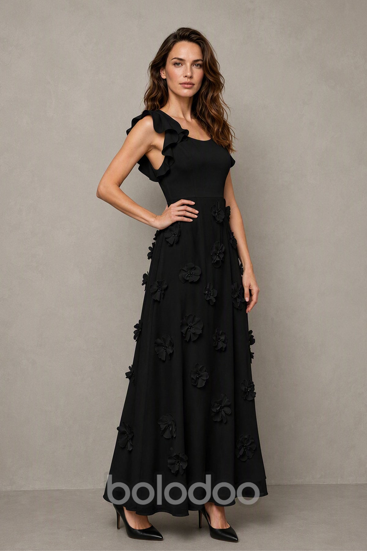 BOLODOO Black Scoop Neck Flutter Sleeve 3D Floral Appliqué A-Line Chiffon Maxi Dress - Black | BOLODOO watermark