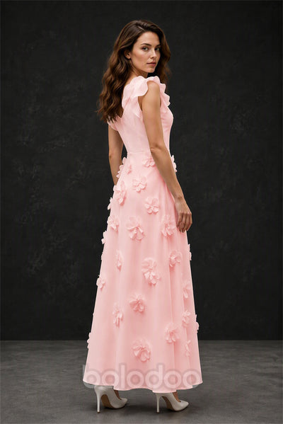 BOLODOO Blush Pink Scoop Neck Flutter Sleeve 3D Floral Appliqué A-Line Chiffon Maxi Dress - Blush Pink | BOLODOO watermark