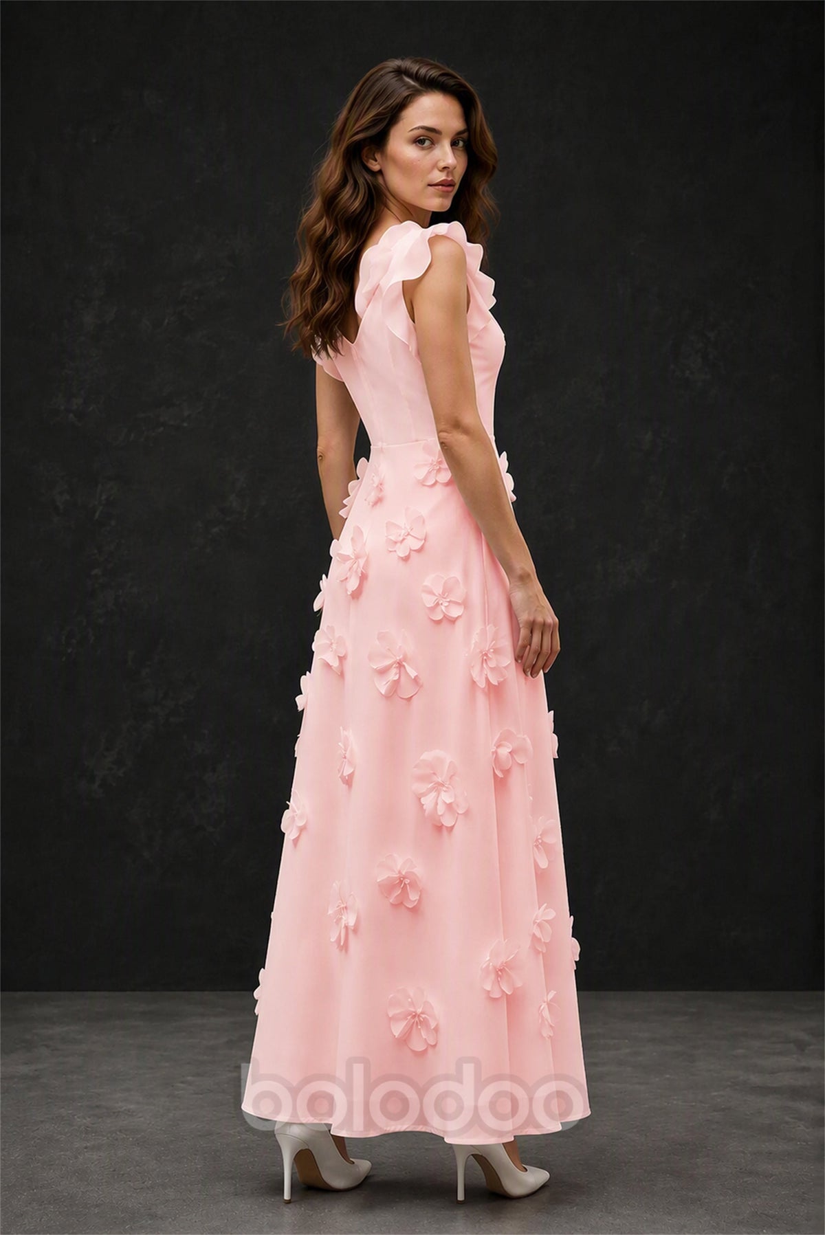 BOLODOO Blush Pink Scoop Neck Flutter Sleeve 3D Floral Appliqué A-Line Chiffon Maxi Dress - Blush Pink | BOLODOO watermark