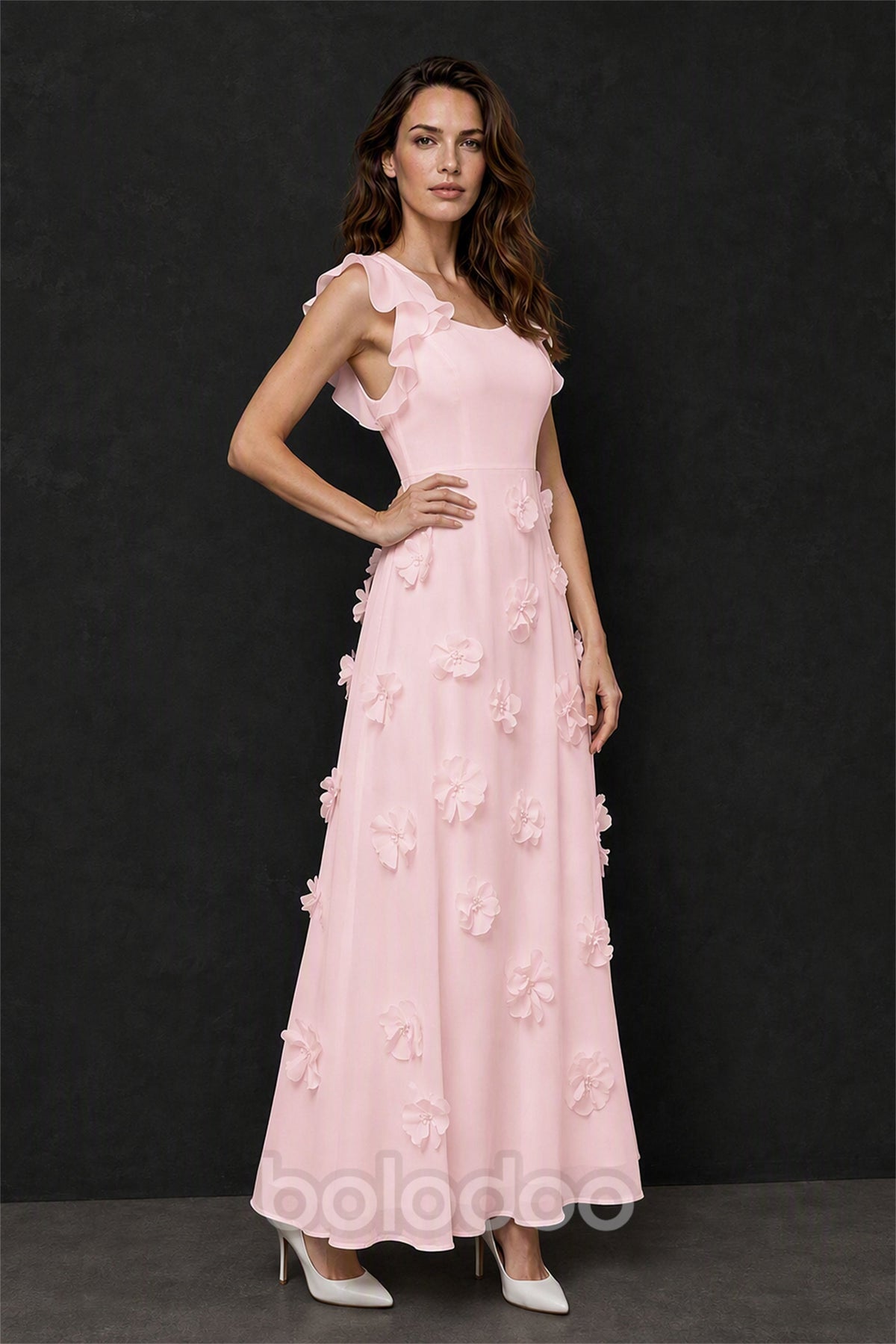BOLODOO Blush Pink Scoop Neck Flutter Sleeve 3D Floral Appliqué A-Line Chiffon Maxi Dress - Blush Pink | BOLODOO watermark