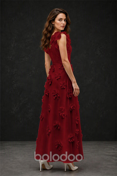 BOLODOO Burgundy Scoop Neck Flutter Sleeve 3D Floral Appliqué A-Line Chiffon Maxi Dress - Burgundy | BOLODOO watermark