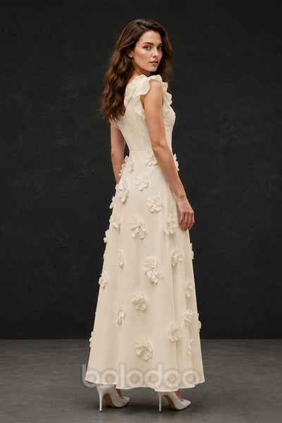 BOLODOO Champagne Scoop Neck Flutter Sleeve 3D Floral Appliqué A-Line Chiffon Maxi Dress - Champagne | BOLODOO watermark