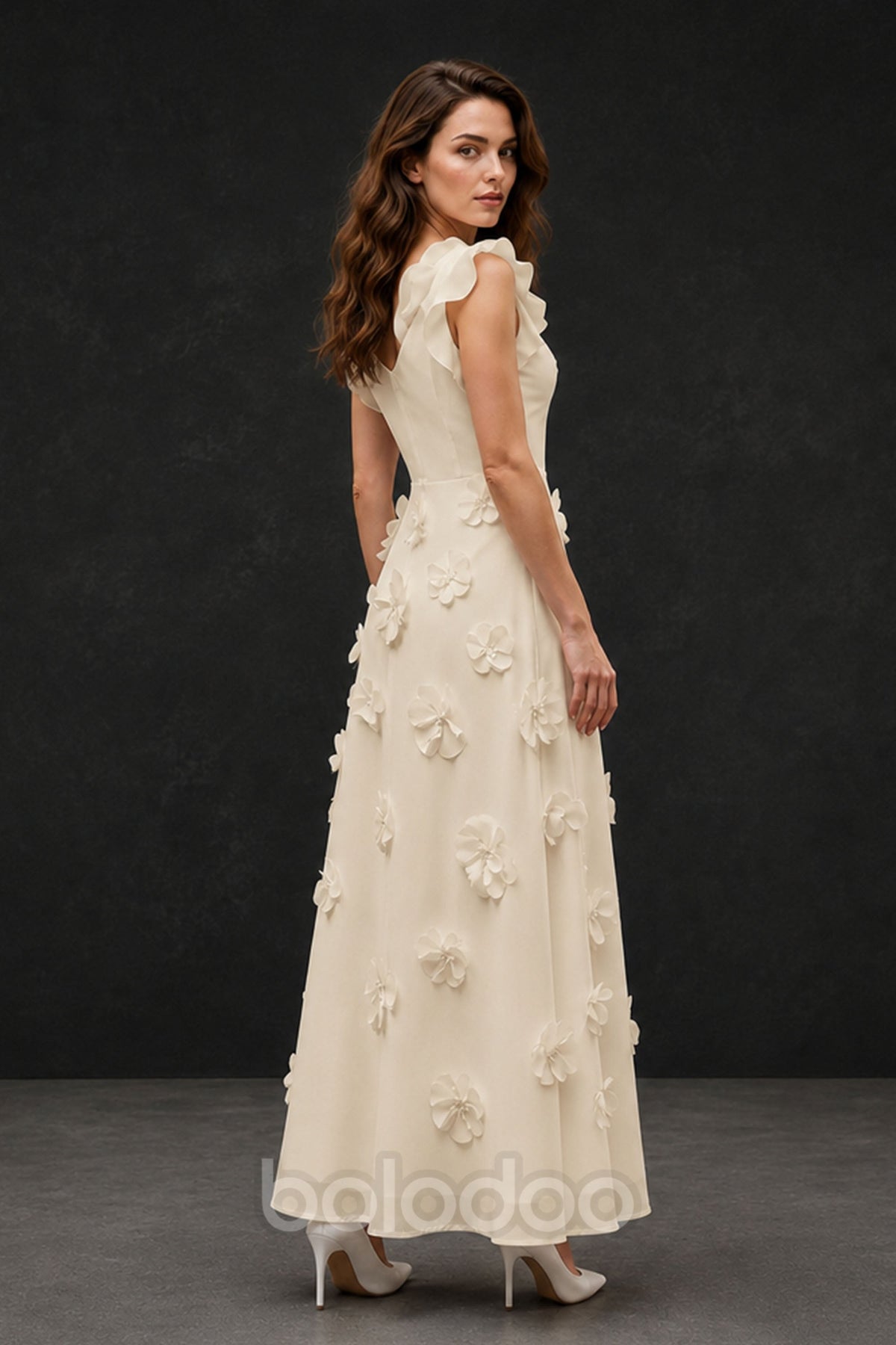 BOLODOO Champagne Scoop Neck Flutter Sleeve 3D Floral Appliqué A-Line Chiffon Maxi Dress - Champagne | BOLODOO watermark