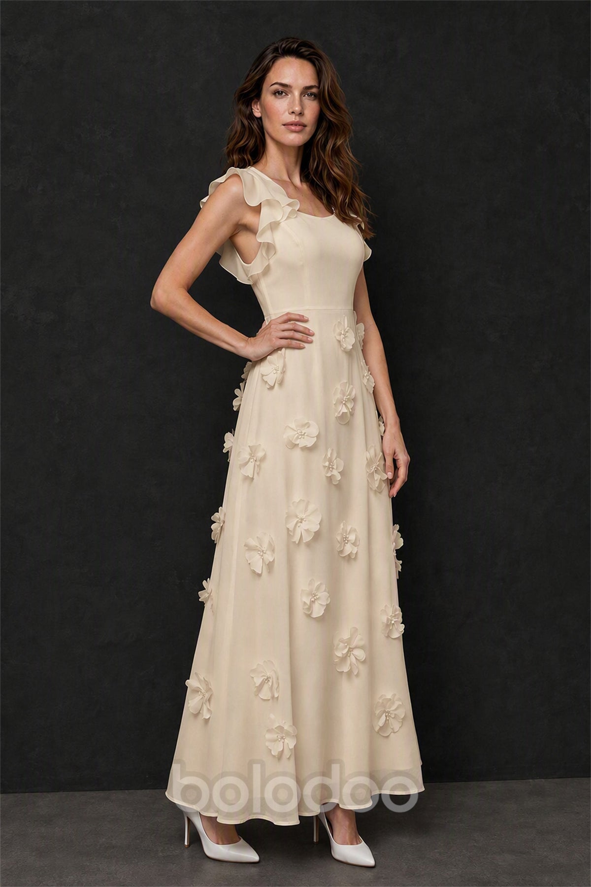 BOLODOO Champagne Scoop Neck Flutter Sleeve 3D Floral Appliqué A-Line Chiffon Maxi Dress - Champagne | BOLODOO watermark