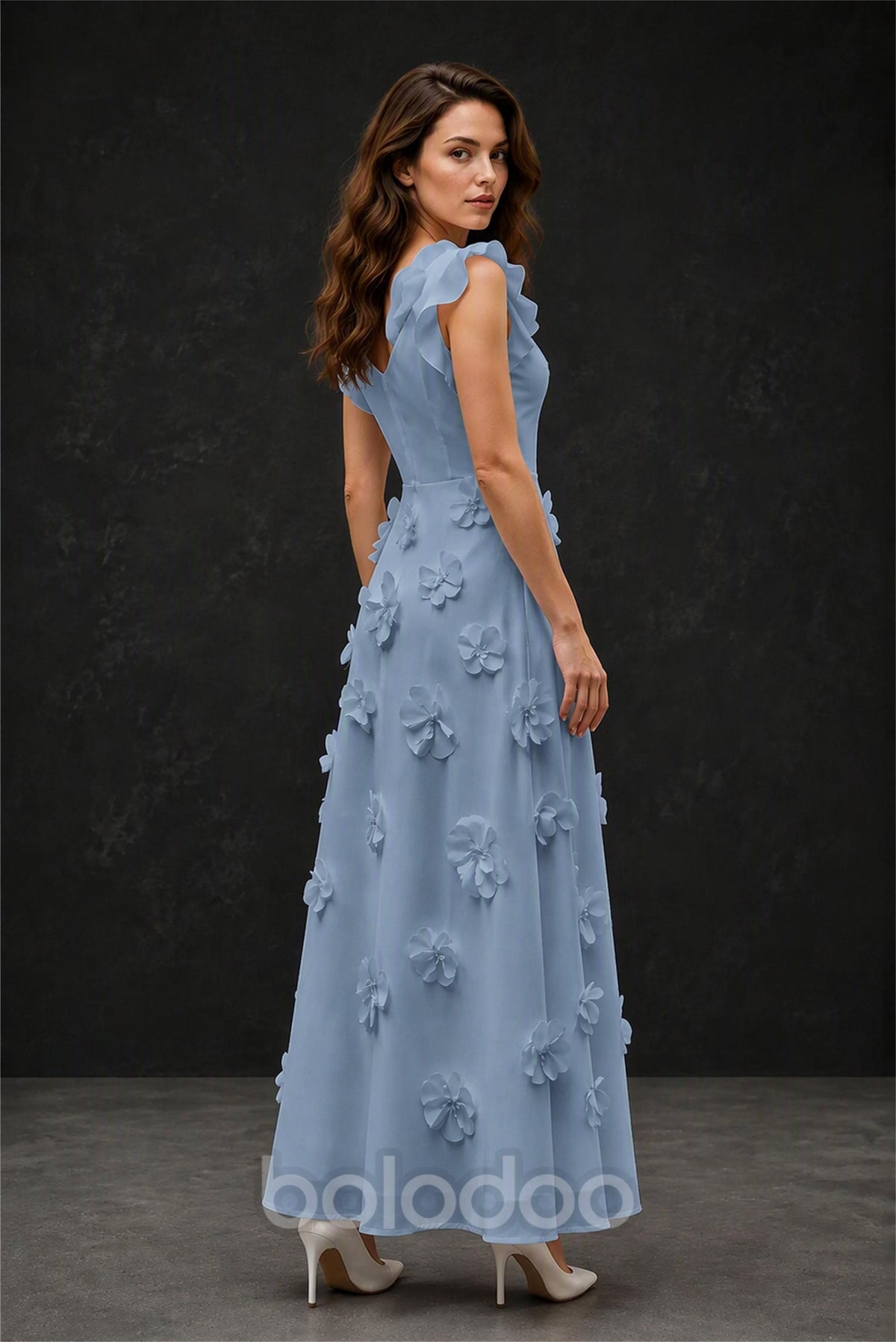BOLODOO Dusty Blue Scoop Neck Flutter Sleeve 3D Floral Appliqué A-Line Chiffon Maxi Dress - Dusty Blue | BOLODOO watermark