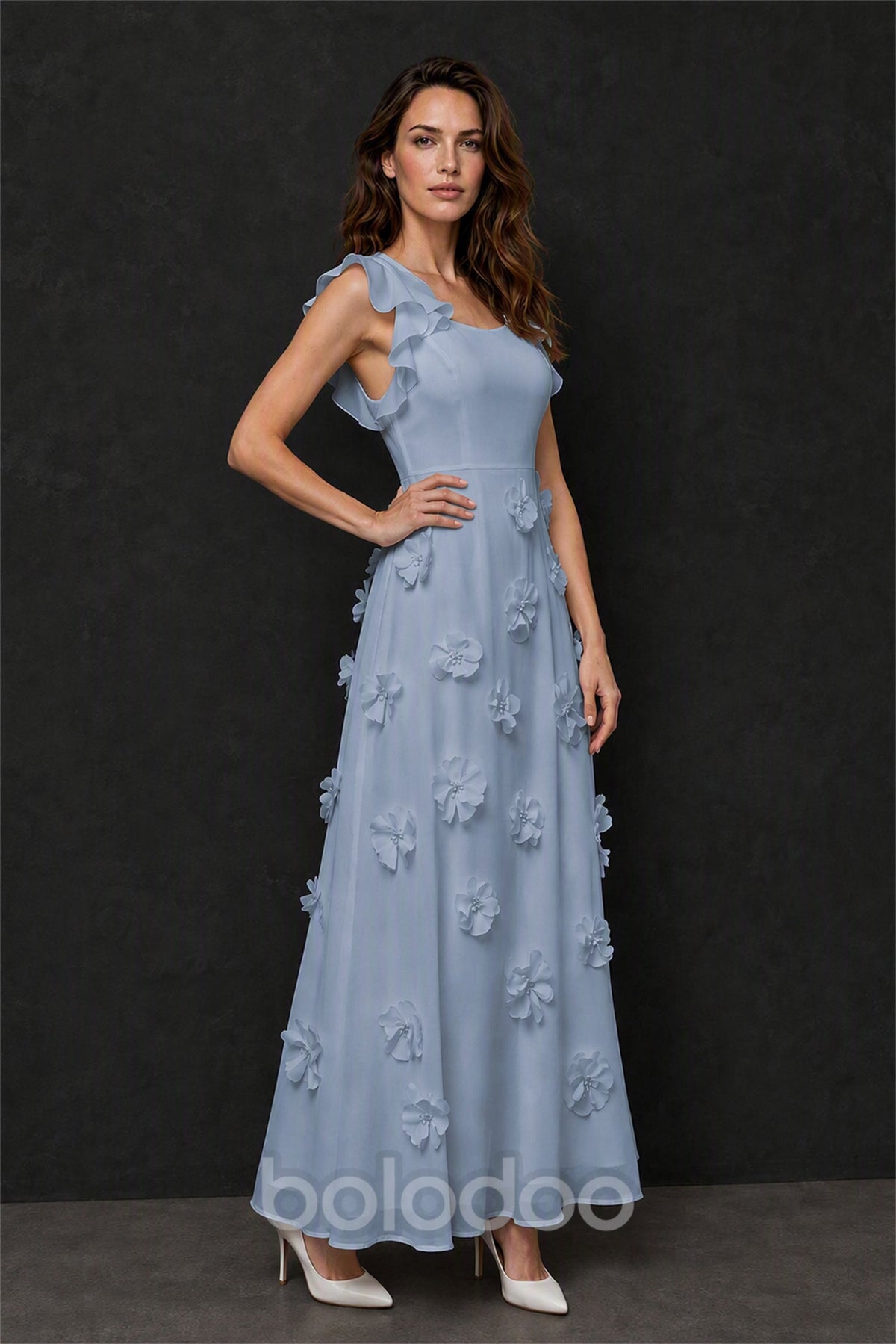 BOLODOO Dusty Blue Scoop Neck Flutter Sleeve 3D Floral Appliqué A-Line Chiffon Maxi Dress - Dusty Blue | BOLODOO watermark