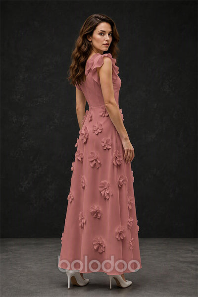 BOLODOO Dusty Rose Scoop Neck Flutter Sleeve 3D Floral Appliqué A-Line Chiffon Maxi Dress - Dusty Rose | BOLODOO watermark