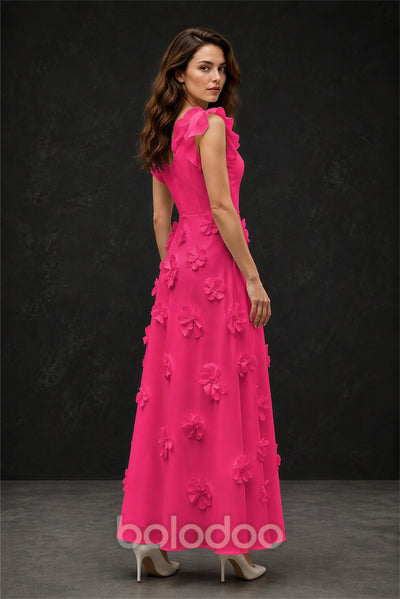 BOLODOO Hot Pink Scoop Neck Flutter Sleeve 3D Floral Appliqué A-Line Chiffon Maxi Dress - Hot Pink | BOLODOO watermark