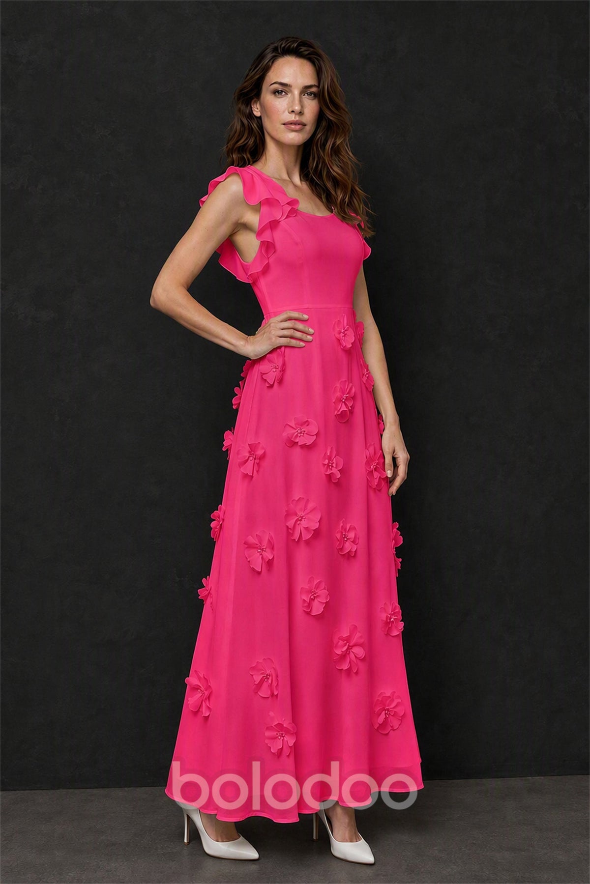 BOLODOO Hot Pink Scoop Neck Flutter Sleeve 3D Floral Appliqué A-Line Chiffon Maxi Dress - Hot Pink | BOLODOO watermark