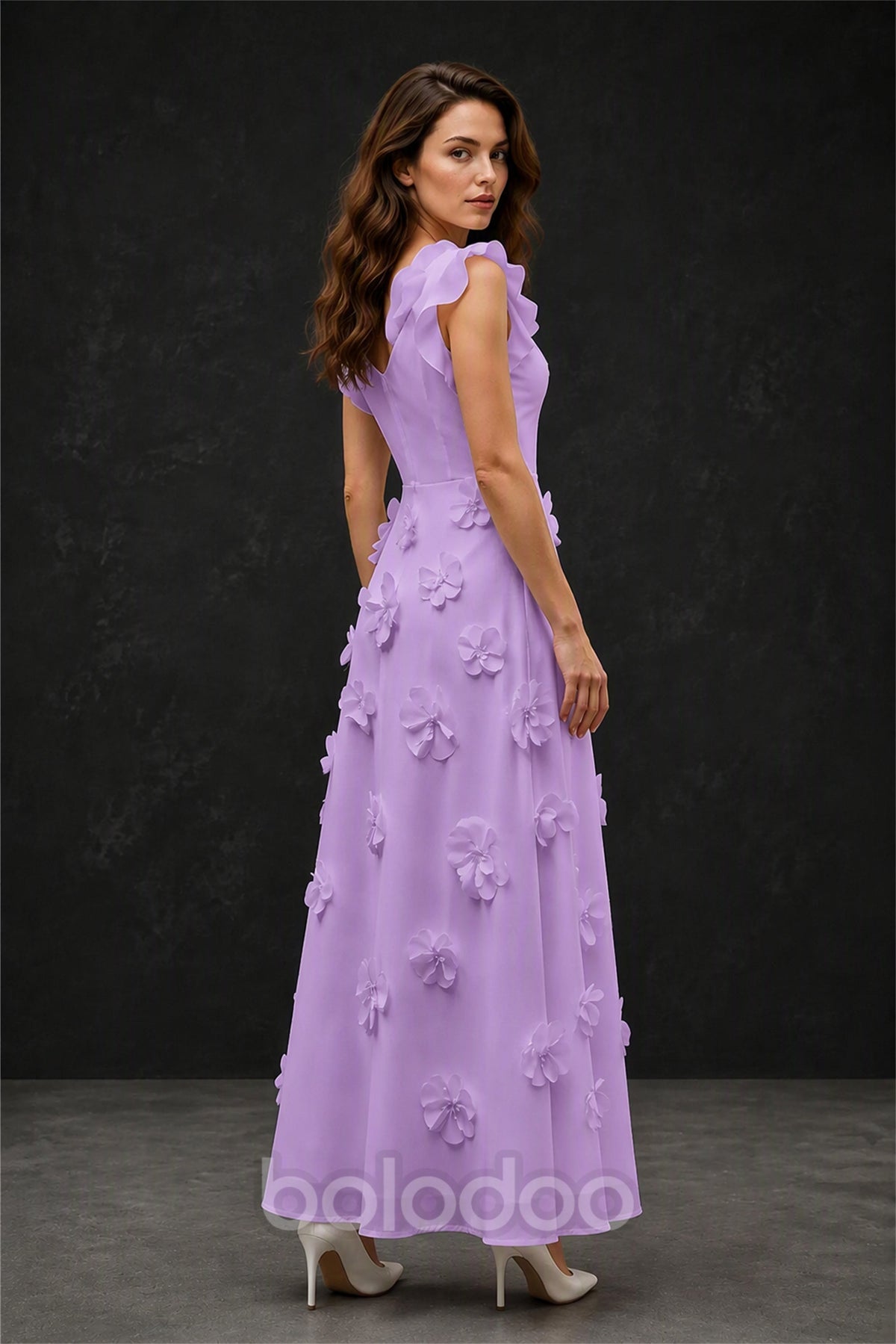 BOLODOO Lavender Scoop Neck Flutter Sleeve 3D Floral Appliqué A-Line Chiffon Maxi Dress - Lavender | BOLODOO watermark
