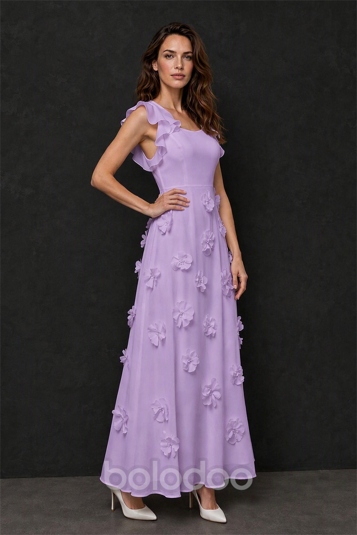 BOLODOO Lavender Scoop Neck Flutter Sleeve 3D Floral Appliqué A-Line Chiffon Maxi Dress - Lavender | BOLODOO watermark