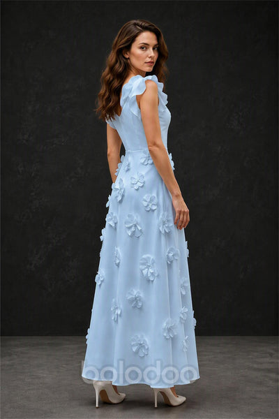 BOLODOO Light Blue Scoop Neck Flutter Sleeve 3D Floral Appliqué A-Line Chiffon Maxi Dress - Light Blue | BOLODOO watermark