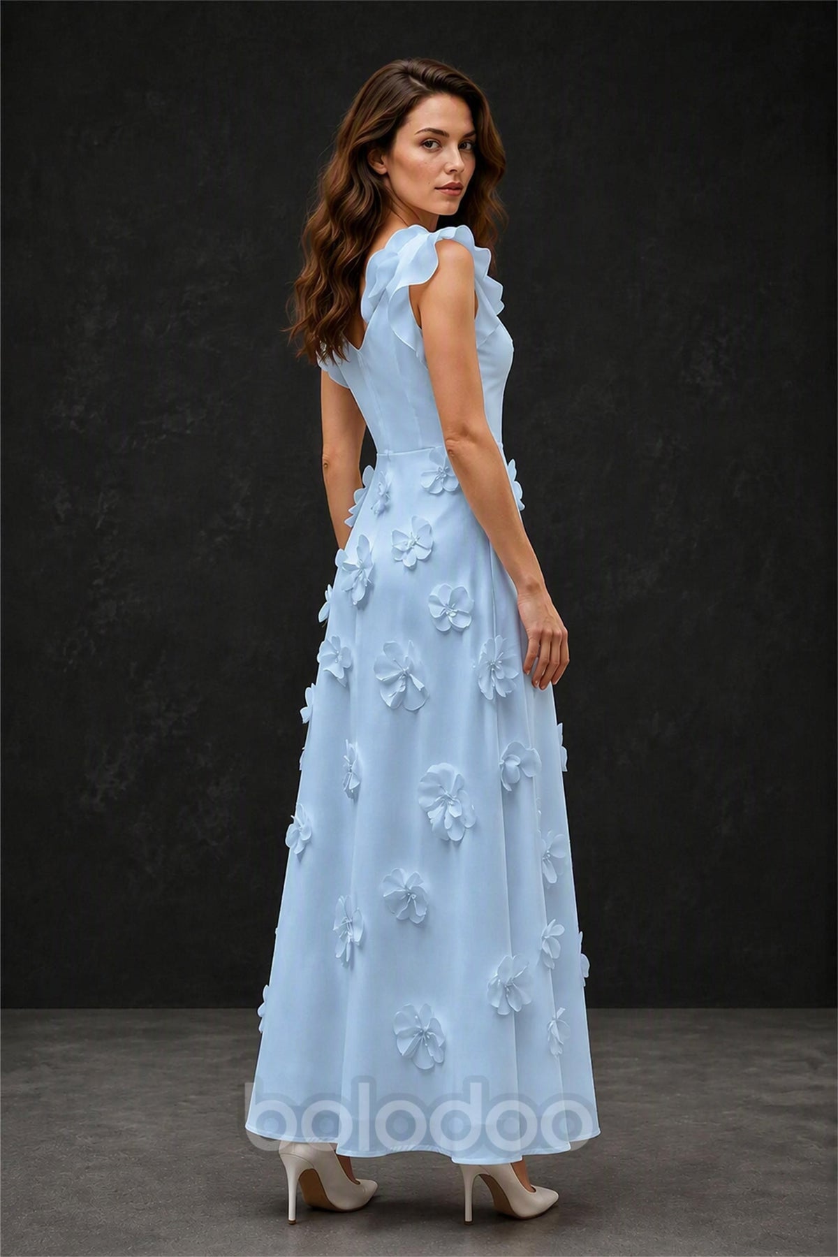 BOLODOO Light Blue Scoop Neck Flutter Sleeve 3D Floral Appliqué A-Line Chiffon Maxi Dress - Light Blue | BOLODOO watermark