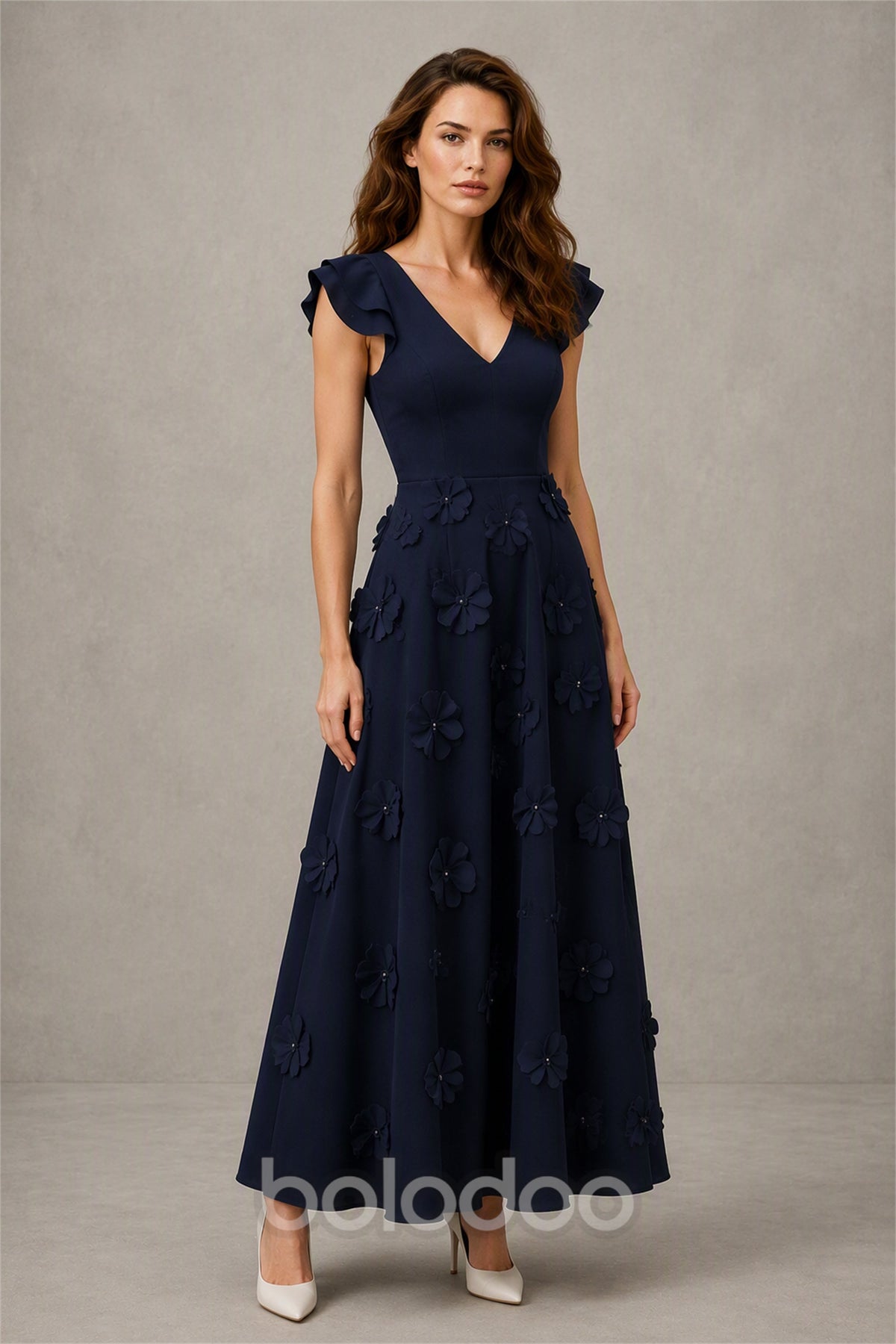 BOLODOO Navy Blue Scoop Neck Flutter Sleeve 3D Floral Appliqué A-Line Chiffon Maxi Dress - Navy Blue | BOLODOO watermark