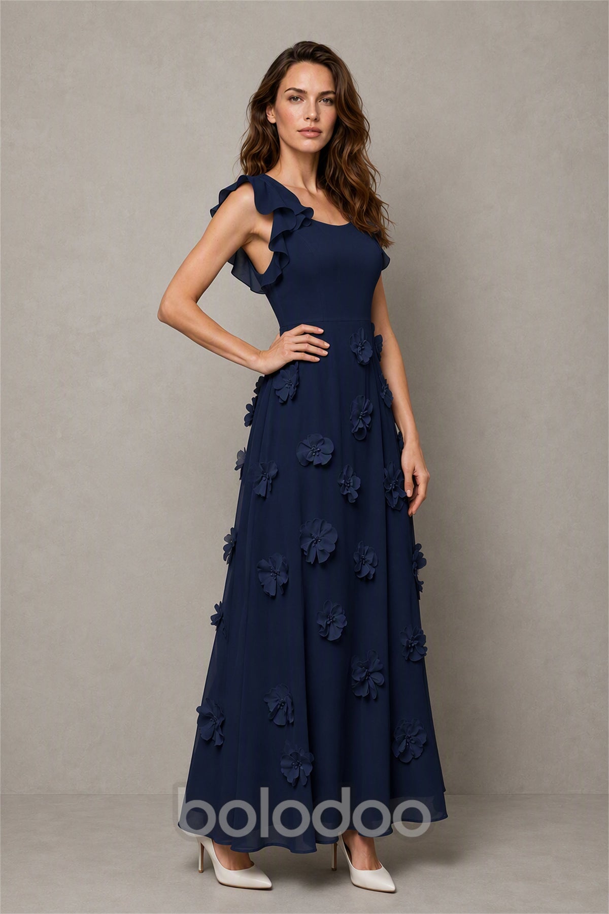 BOLODOO Navy Blue Scoop Neck Flutter Sleeve 3D Floral Appliqué A-Line Chiffon Maxi Dress - Navy Blue | BOLODOO watermark