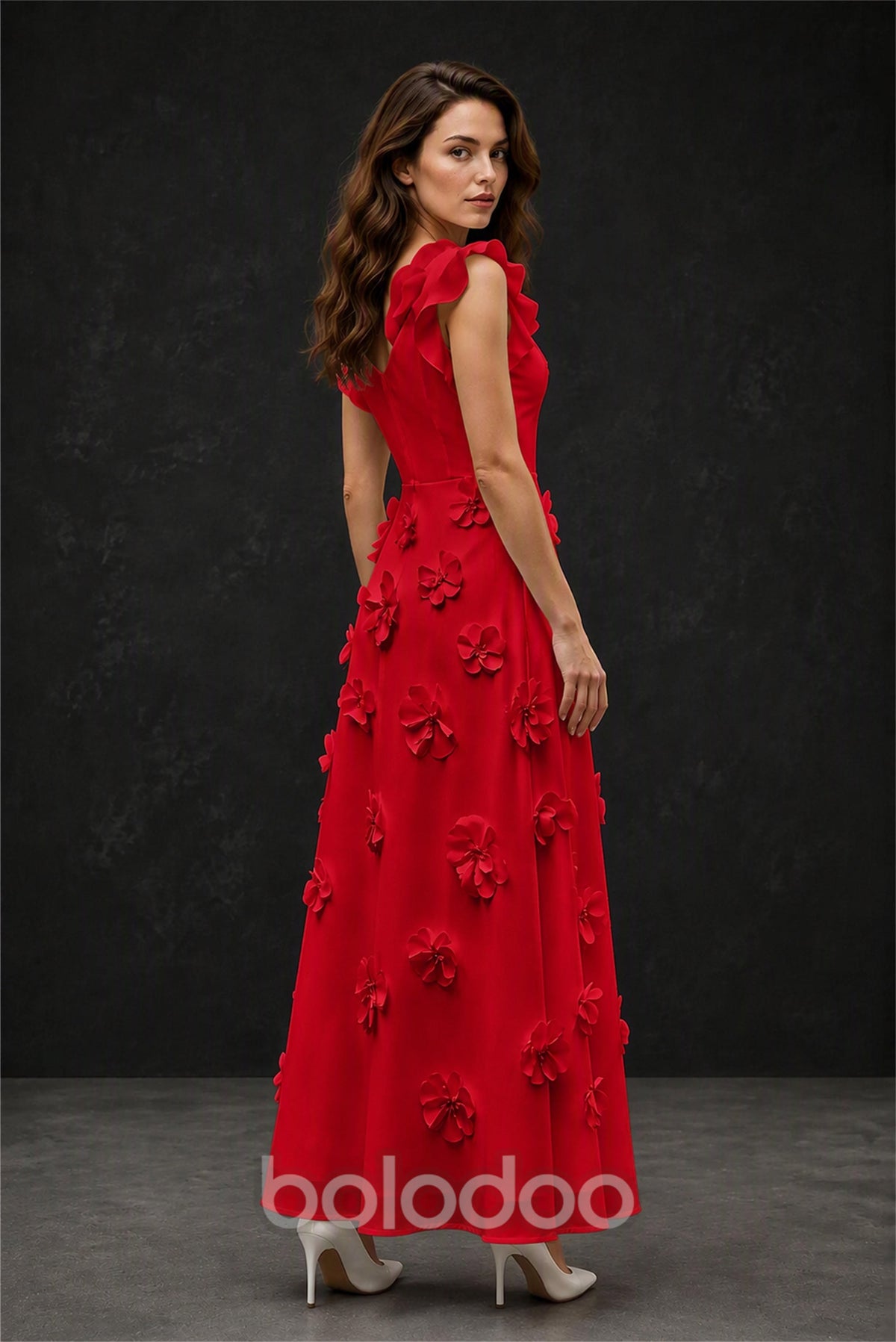 BOLODOO Red Scoop Neck Flutter Sleeve 3D Floral Appliqué A-Line Chiffon Maxi Dress - Red | BOLODOO watermark