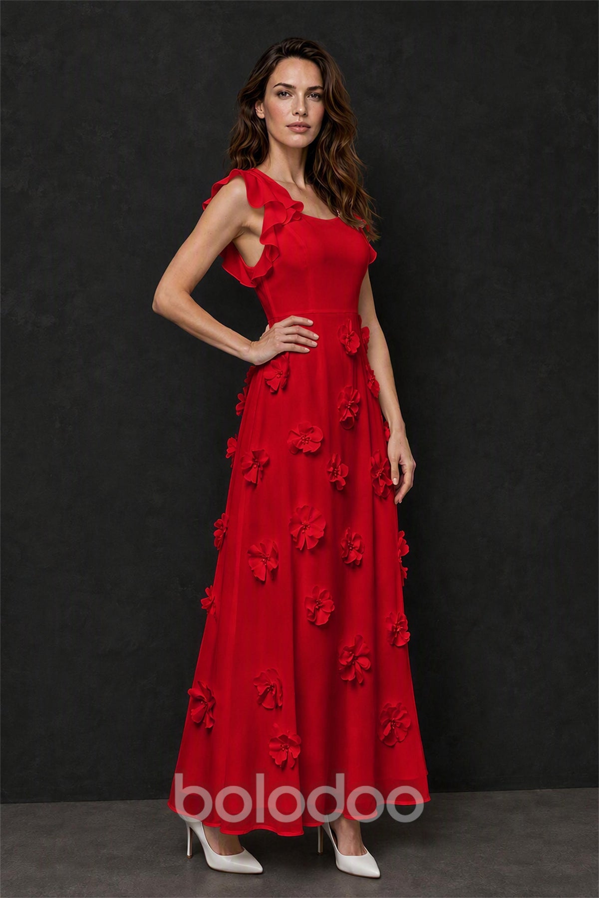 BOLODOO Red Scoop Neck Flutter Sleeve 3D Floral Appliqué A-Line Chiffon Maxi Dress - Red | BOLODOO watermark