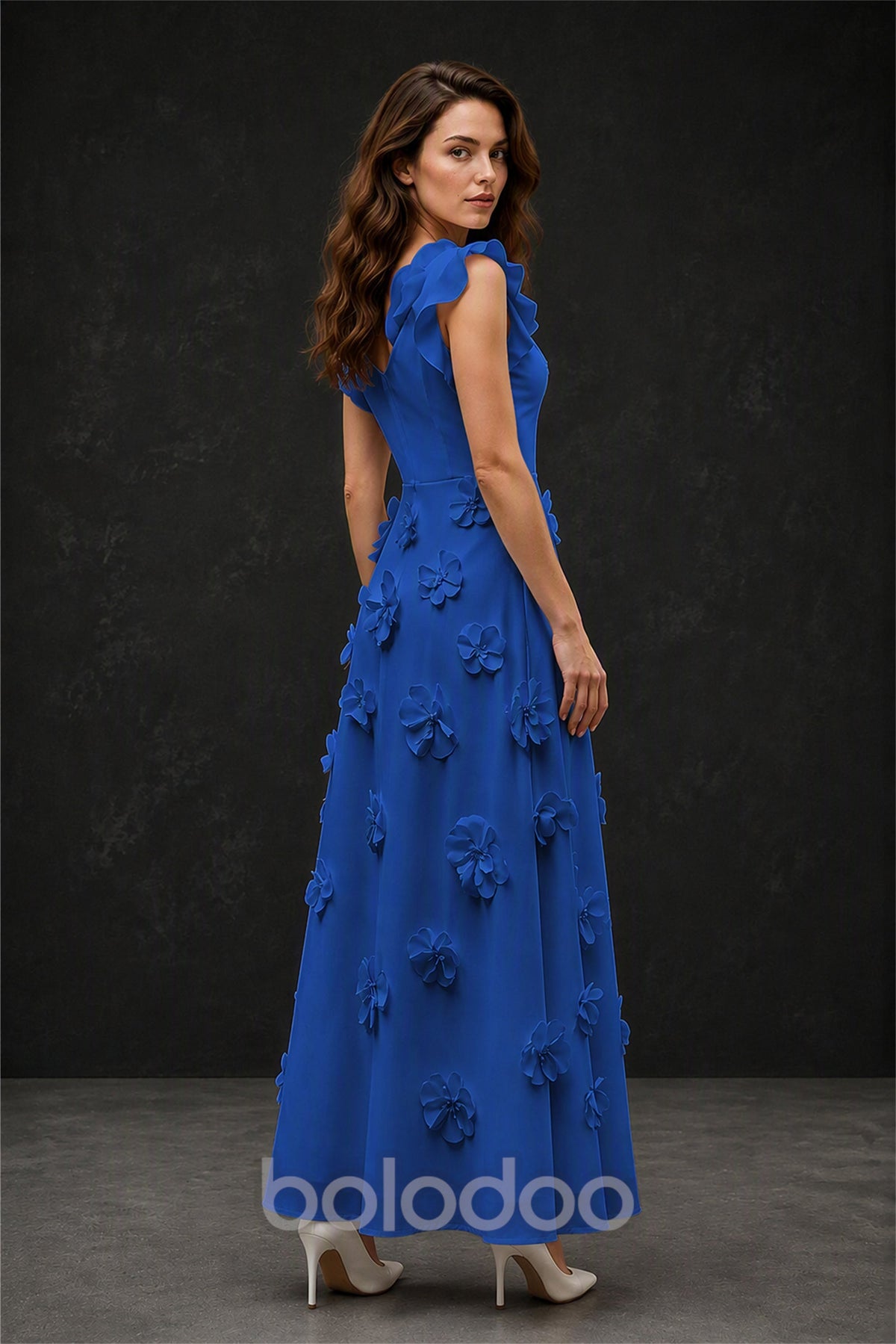 BOLODOO Royal Blue Scoop Neck Flutter Sleeve 3D Floral Appliqué A-Line Chiffon Maxi Dress - Royal Blue | BOLODOO watermark