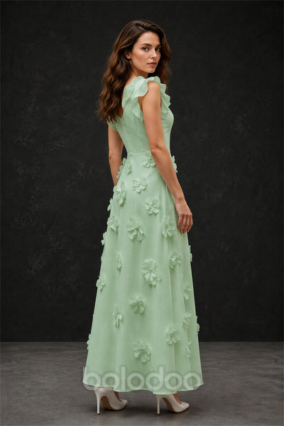 BOLODOO Sage Green Scoop Neck Flutter Sleeve 3D Floral Appliqué A-Line Chiffon Maxi Dress - Sage Green | BOLODOO watermark