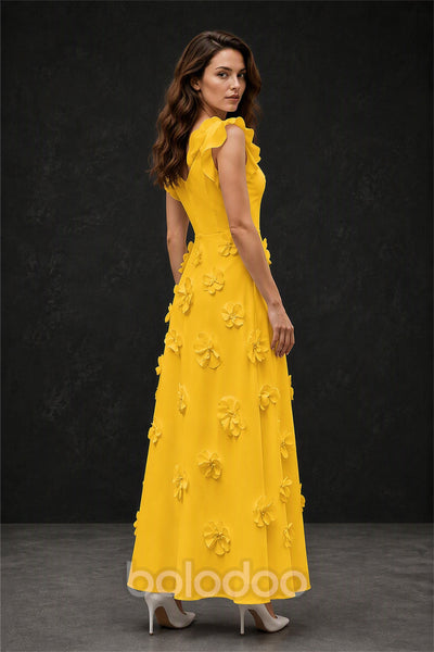 BOLODOO Yellow Scoop Neck Flutter Sleeve 3D Floral Appliqué A-Line Chiffon Maxi Dress - Yellow | BOLODOO watermark