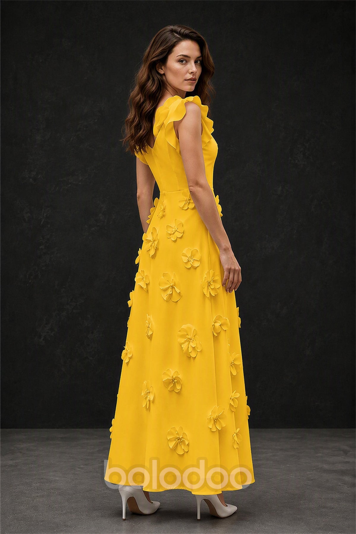 BOLODOO Yellow Scoop Neck Flutter Sleeve 3D Floral Appliqué A-Line Chiffon Maxi Dress - Yellow | BOLODOO watermark