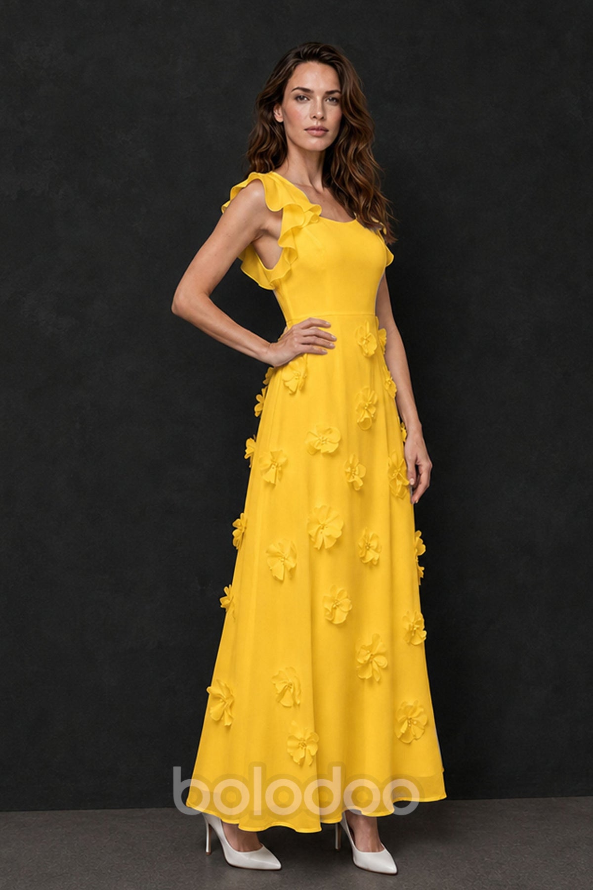 BOLODOO Yellow Scoop Neck Flutter Sleeve 3D Floral Appliqué A-Line Chiffon Maxi Dress - Yellow | BOLODOO watermark