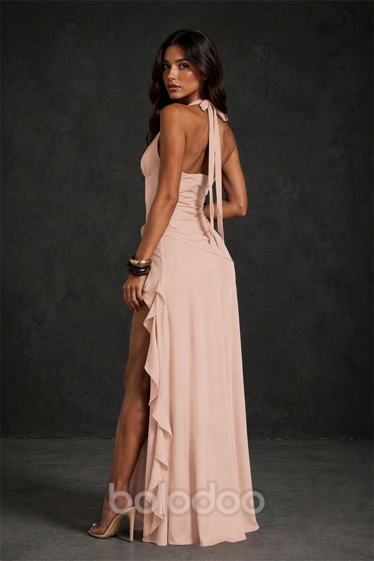 BOLODOO Rose Gold Deep V Halter Ruched High Slit Backless Ruffle Maxi Dress - Rose Gold | BOLODOO watermark