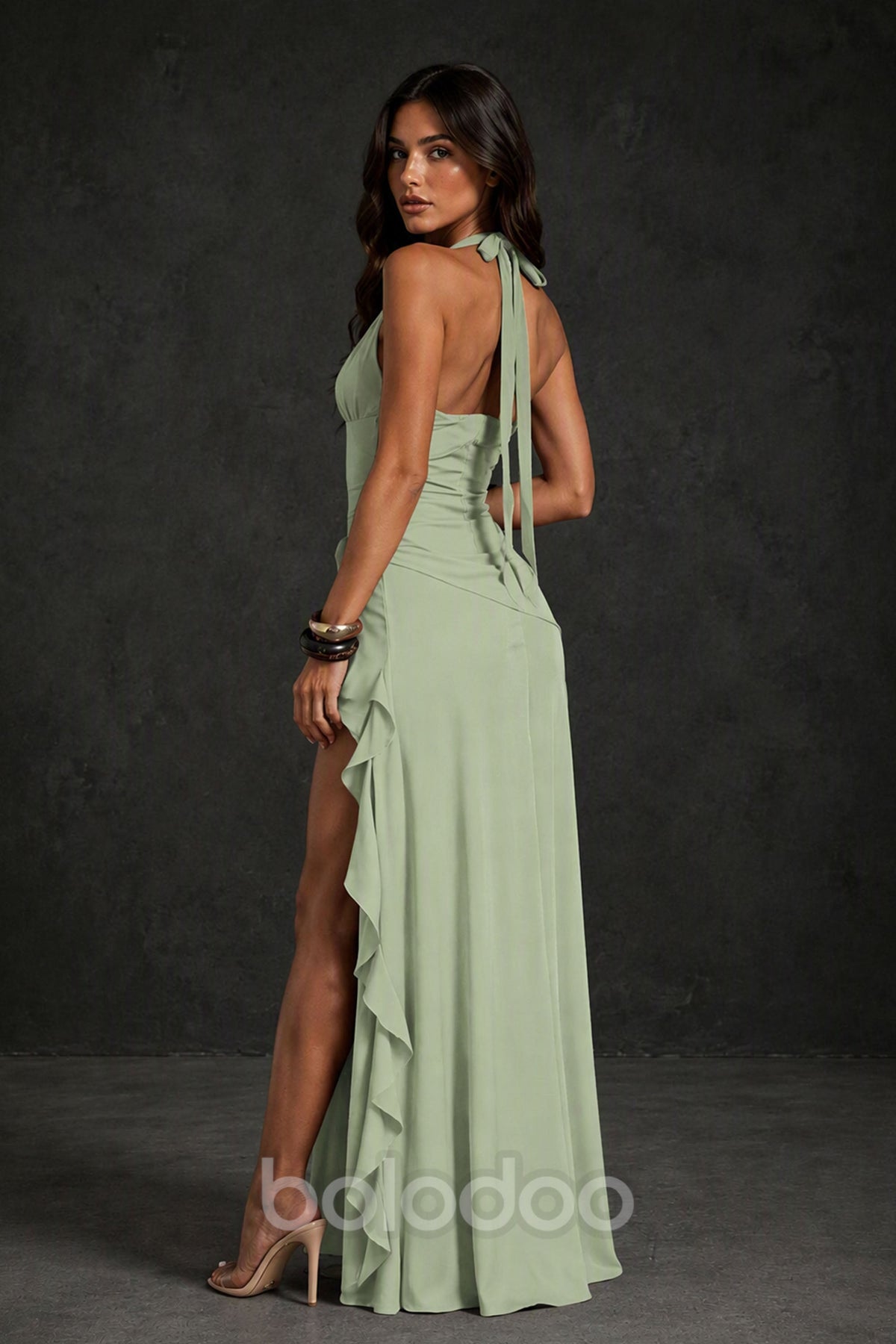 BOLODOO Sage Green Deep V Halter Ruched High Slit Backless Ruffle Maxi Dress - Sage Green | BOLODOO watermark