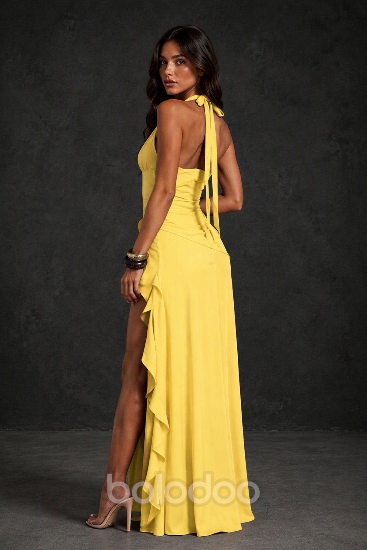 BOLODOO Yellow Deep V Halter Ruched High Slit Backless Ruffle Maxi Dress - Yellow | BOLODOO watermark