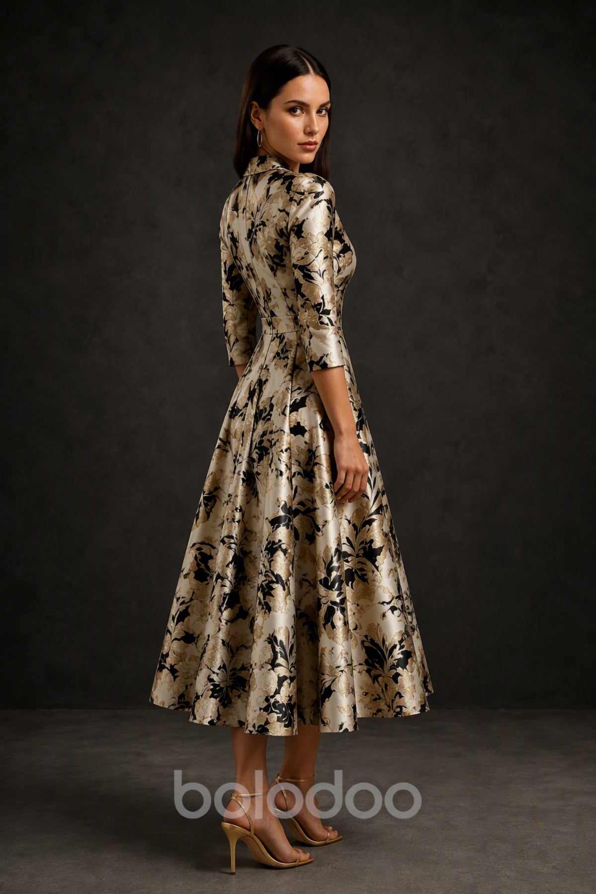 BOLODOO Champagne Gold Floral Jacquard Wrap Midi Dress - Full Length Front View Showing A-Line Silhouette | BOLODOO watermark