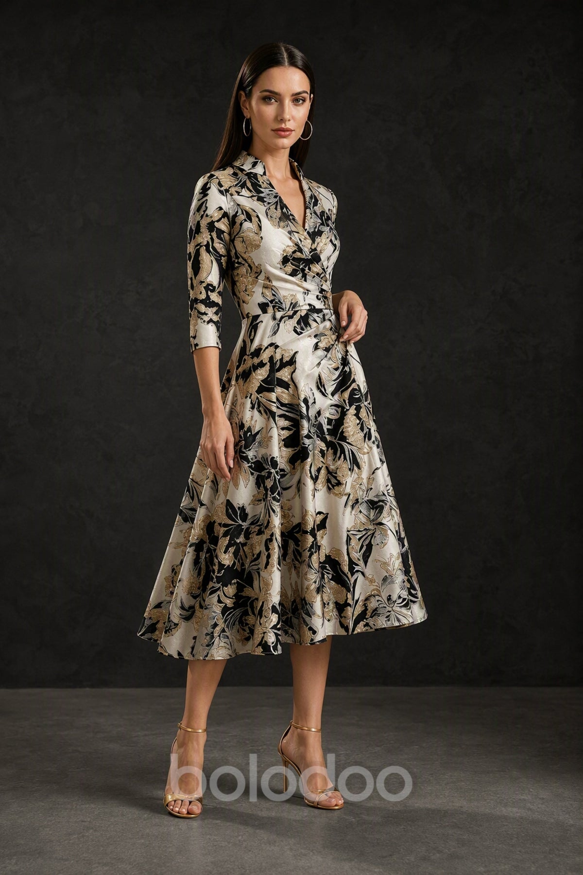 BOLODOO Champagne Gold Floral Jacquard Wrap Midi Dress - Back Side View Showing Full Skirt and Covered Back | BOLODOO watermark