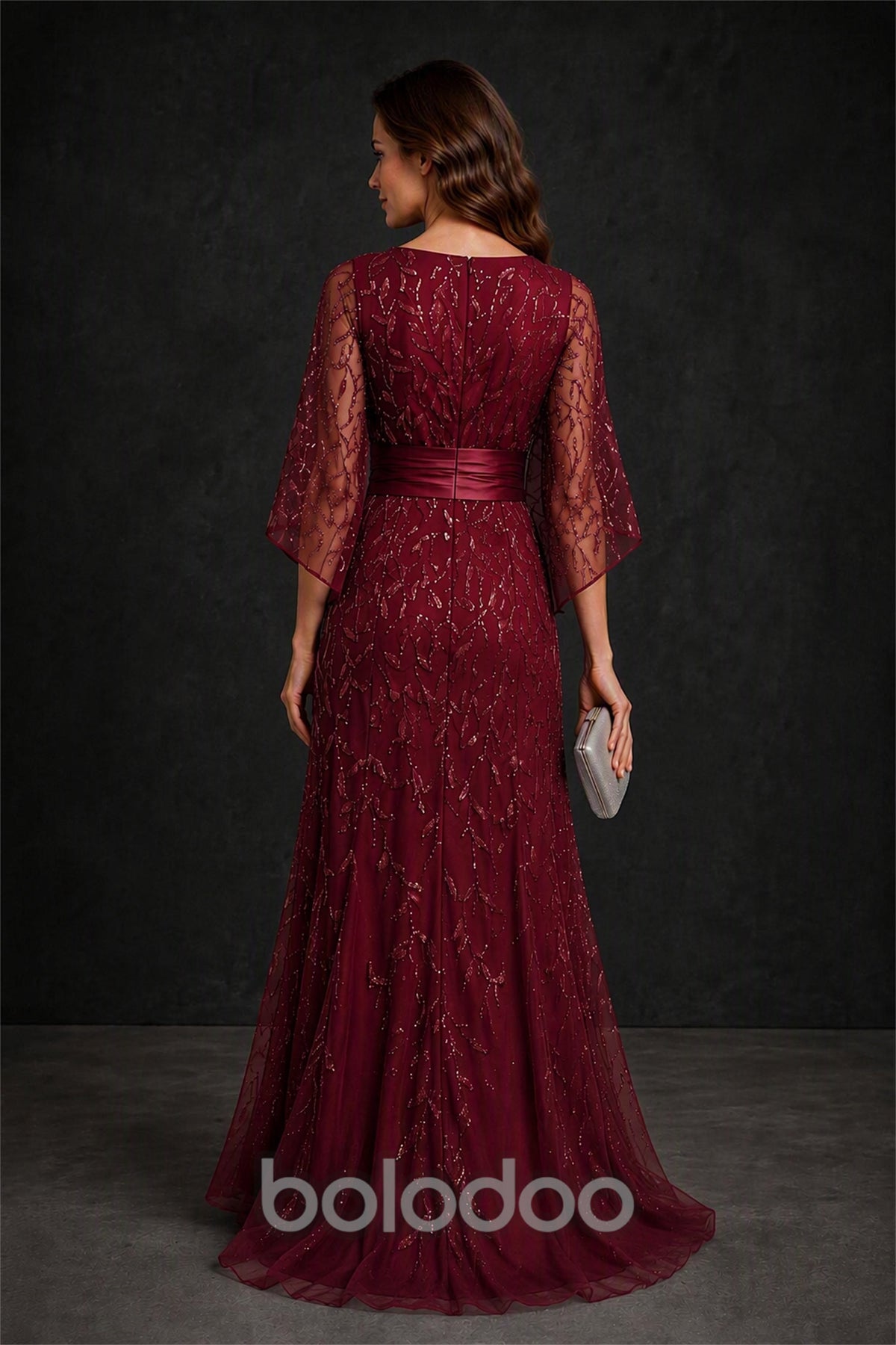 BOLODOO Burgundy Bateau Neck Bell Sleeve Sequin Embroidered Satin Waist A-Line Maxi Dress - Burgundy | BOLODOO watermark