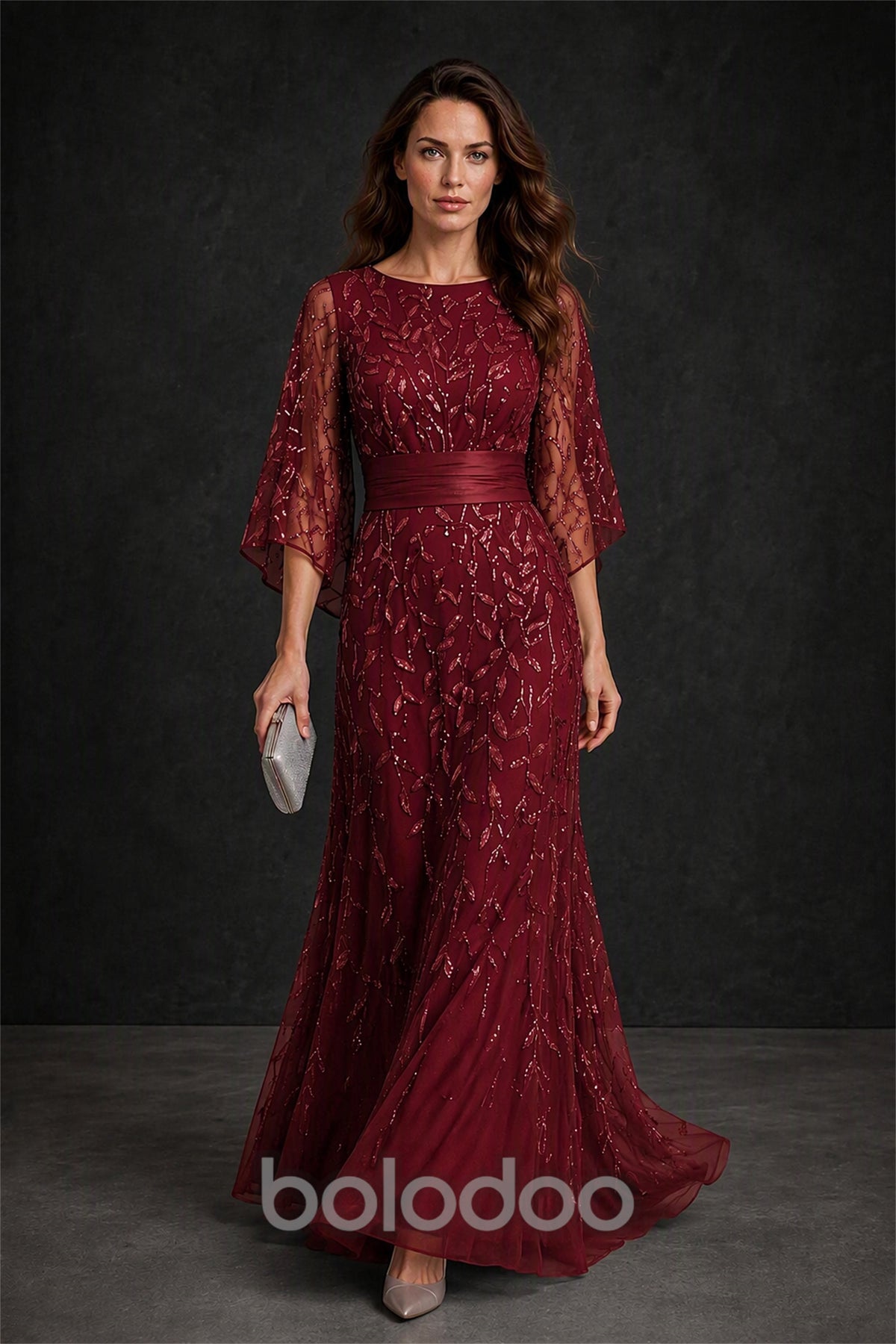 BOLODOO Burgundy Bateau Neck Bell Sleeve Sequin Embroidered Satin Waist A-Line Maxi Dress - Burgundy | BOLODOO watermark