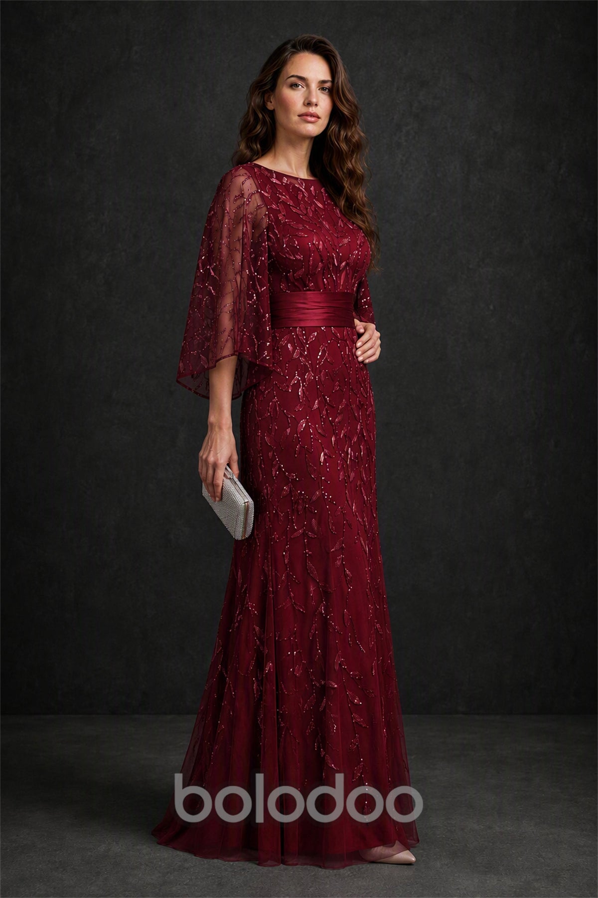 BOLODOO Burgundy Bateau Neck Bell Sleeve Sequin Embroidered Satin Waist A-Line Maxi Dress - Burgundy | BOLODOO watermark