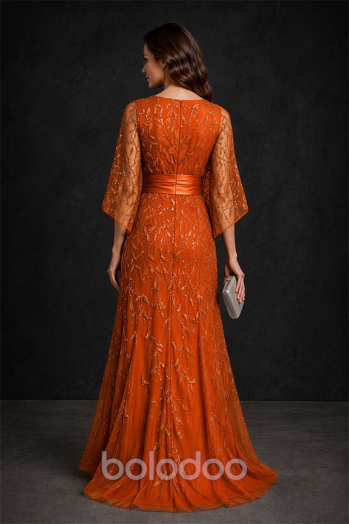 BOLODOO Burnt Orange Bateau Neck Bell Sleeve Sequin Embroidered Satin Waist A-Line Maxi Dress - Burnt Orange | BOLODOO watermark