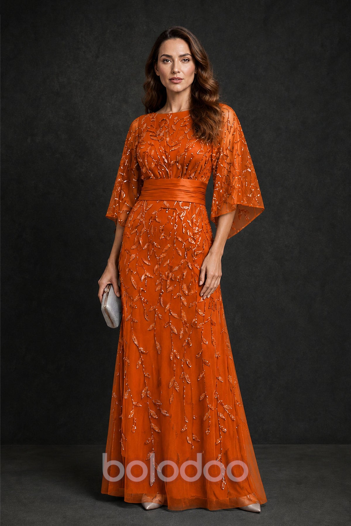 BOLODOO Burnt Orange Bateau Neck Bell Sleeve Sequin Embroidered Satin Waist A-Line Maxi Dress - Burnt Orange | BOLODOO watermark