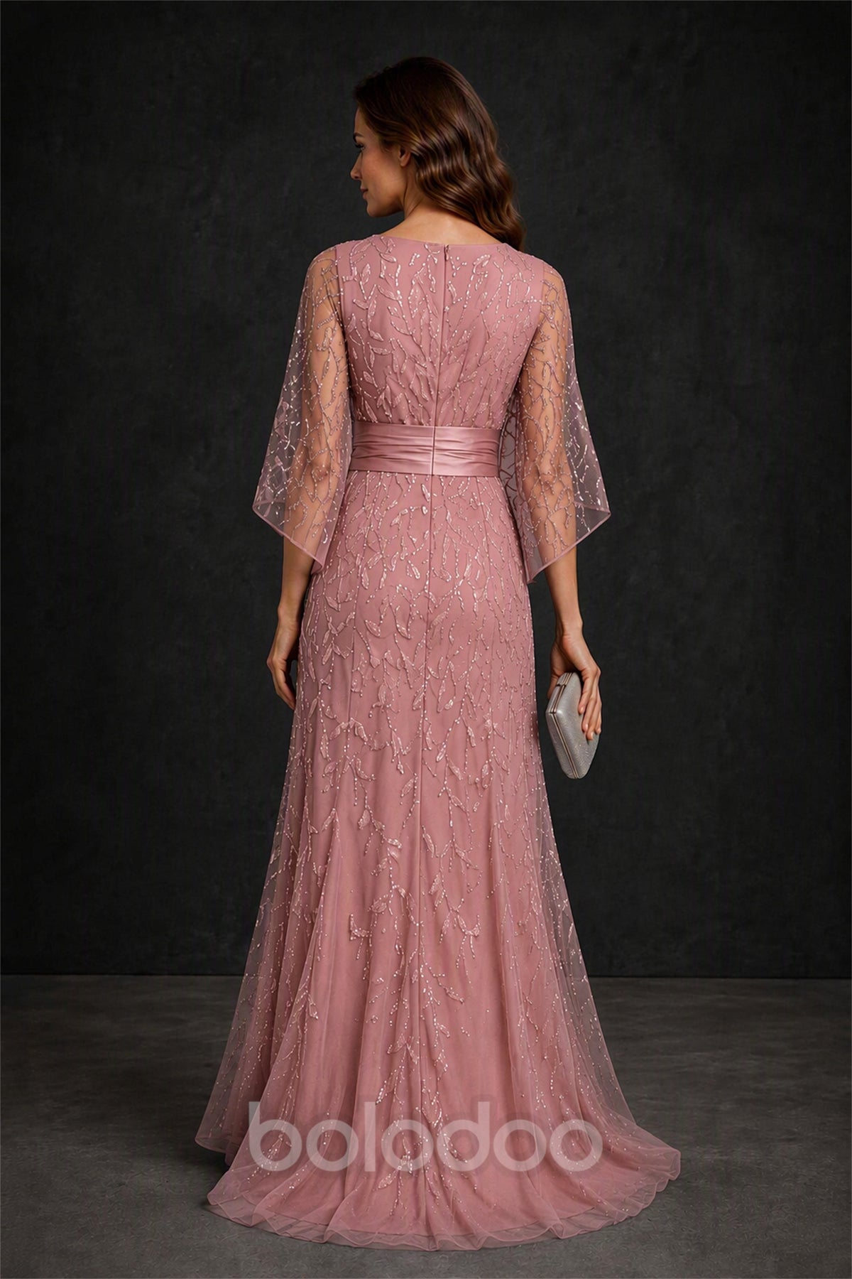 BOLODOO Dusty Rose Bateau Neck Bell Sleeve Sequin Embroidered Satin Waist A-Line Maxi Dress - Dusty Rose | BOLODOO watermark