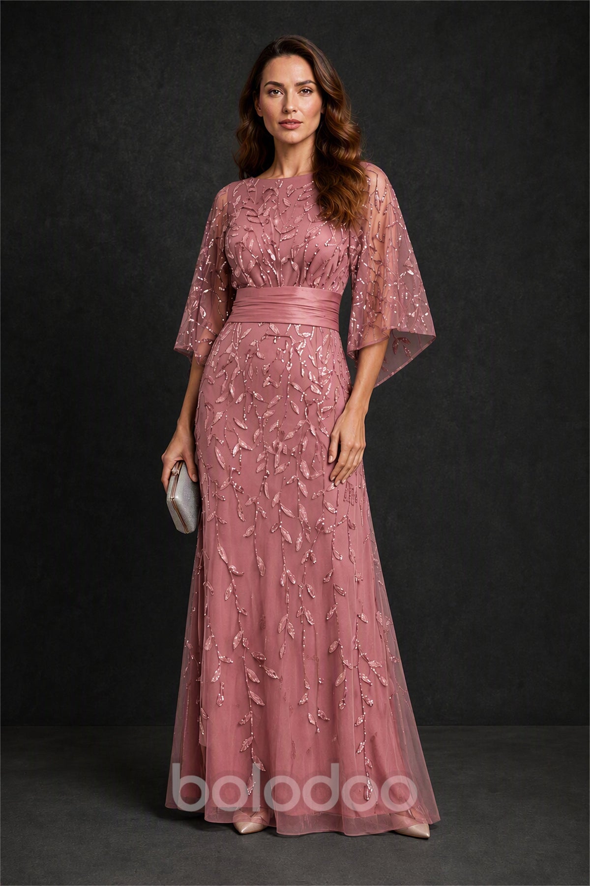 BOLODOO Dusty Rose Bateau Neck Bell Sleeve Sequin Embroidered Satin Waist A-Line Maxi Dress - Dusty Rose | BOLODOO watermark