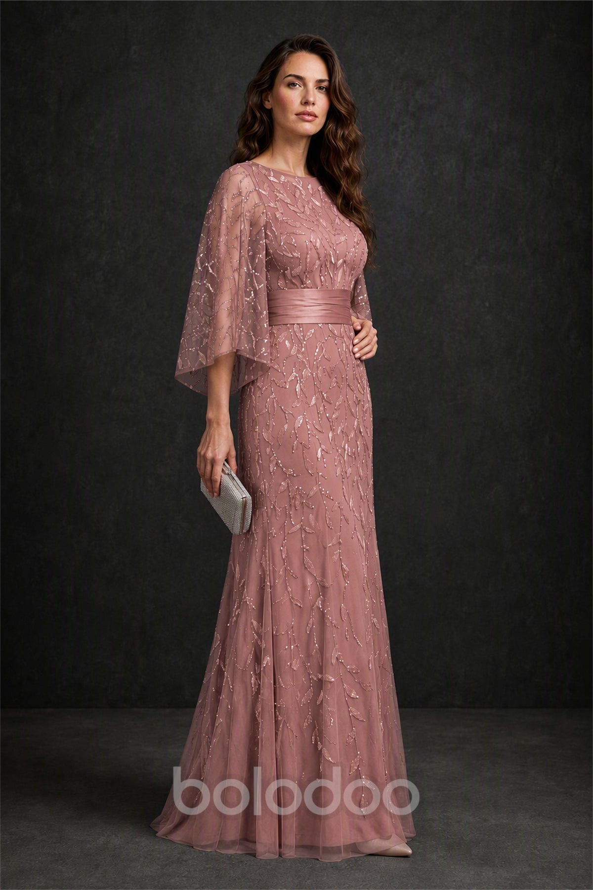 BOLODOO Dusty Rose Bateau Neck Bell Sleeve Sequin Embroidered Satin Waist A-Line Maxi Dress - Dusty Rose | BOLODOO watermark