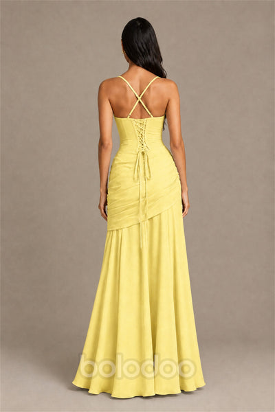 BOLODOO Square Neck Ruched A-Line Maxi Dress – Butter Yellow Backless Evening Gown  | BOLODOO watermark