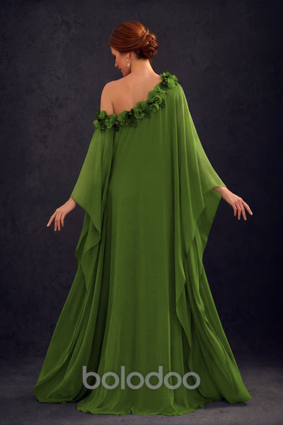 BOLODOO Olive Green 2-Piece Set: Off-Shoulder 3D Floral Cape Gown & One-Shoulder Wide-Leg Jumpsuit | BD0373  | BOLODOO watermark